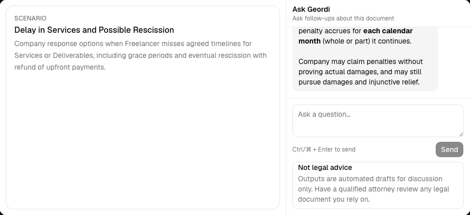 Geordi Scan Ask Geordi chat panel beside contract scenario summary